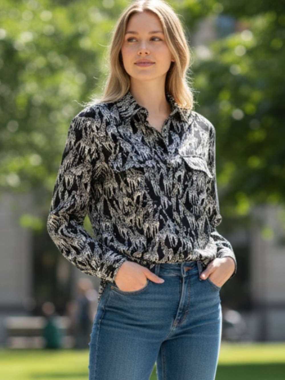 Charter Club Black and White Giraffe Print Button-Front Blouse